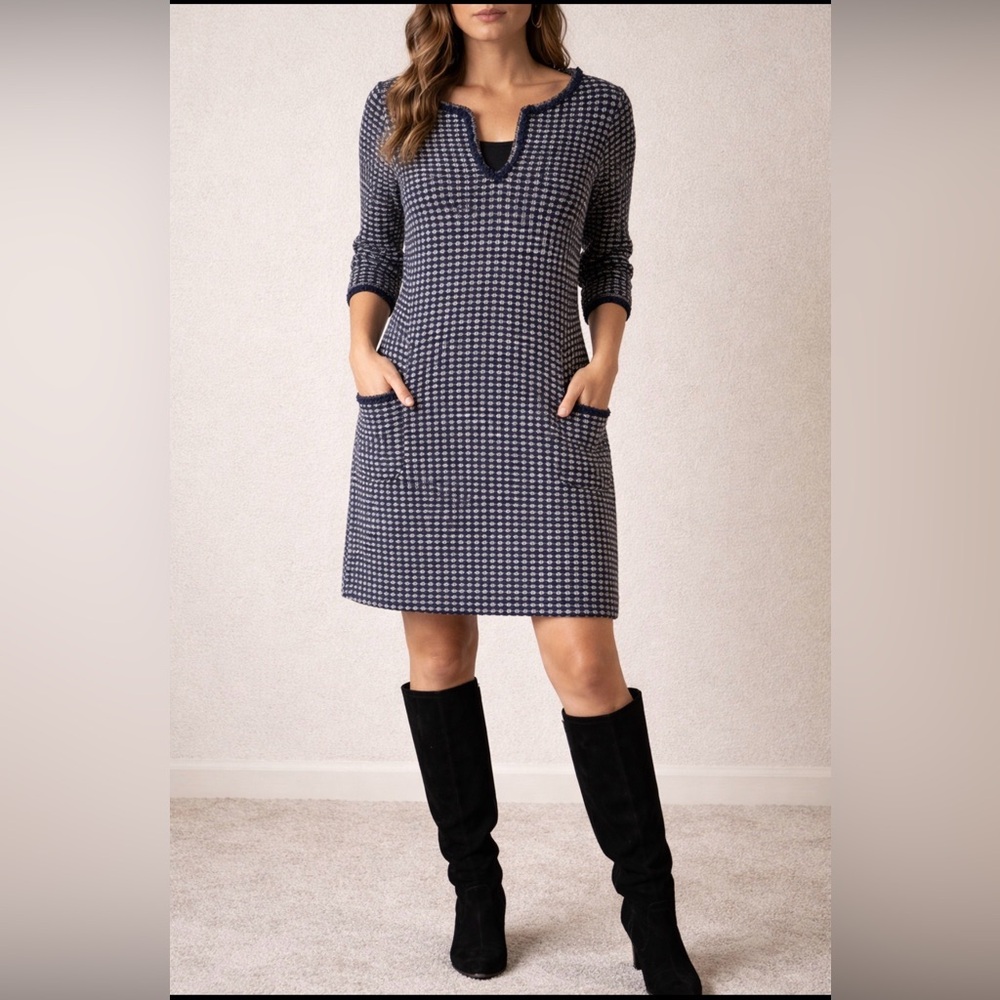 Max Studio London bouclé texture Dress XL Navy White Shift Pockets 3/4 Sleeve